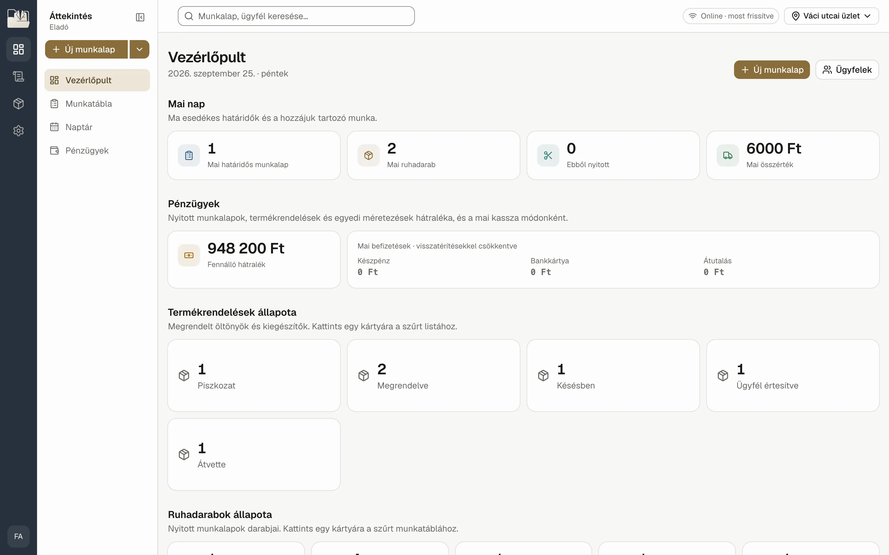 A Tailor Folder vezérlőpultja: mai határidők, hátralék és a rendelések állapota